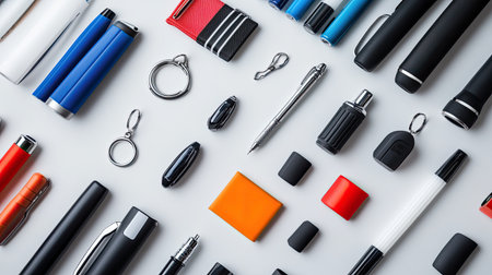 An organized arrangement of various stationery items on a white background, showcasing colors and tools ideal for office and creative setups.の素材