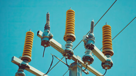 Bright colored insulators mounted on a power line, showcasing modern infrastructure and technology under a clear blue sky. Ideal for energy themes.の素材