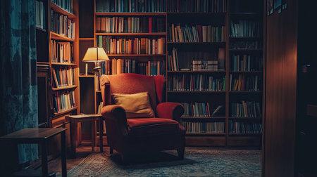 Discover a cozy reading corner featuring a comfortable chair, warm lamp, and shelves filled with books, perfect for relaxation and inspiration.の素材