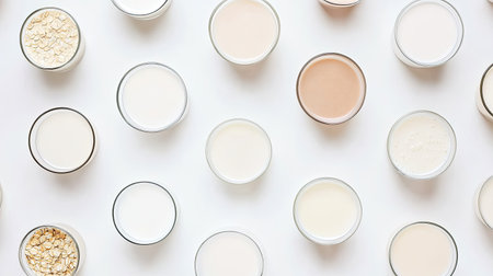 A flat lay of various milk types displayed in glass containers, showcasing healthful beverage options. Ideal for promoting healthy dietary choices.の素材