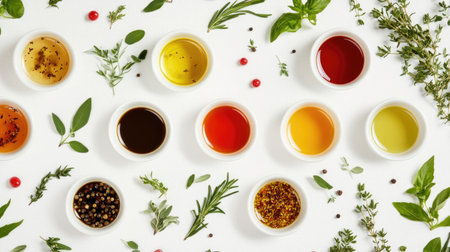 A vibrant assortment of oils and fresh herbs arranged artistically. Ideal for culinary themes, this image showcases flavors, freshness, and unique ingredients.の素材