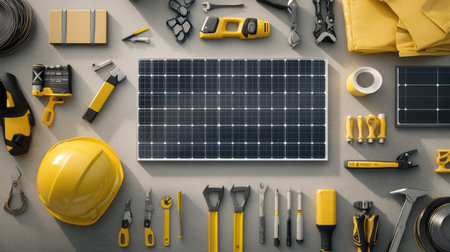 A flatlay image featuring solar panels and yellow tools arranged for a construction workspace, highlighting sustainability and eco-friendly energy solutions.の素材