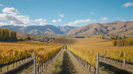 A picturesque vineyard landscape showcasing vibrant yellow grapevines against majestic mountains under a clear blue sky, ideal for nature and travel themes.の素材