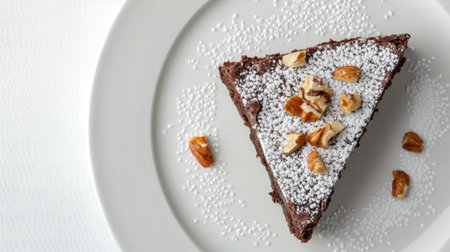 A tempting slice of chocolate cake adorned with nuts and powdered sugar, beautifully presented on a white plate. Perfect for dessert lovers and culinary enthusiasts.の素材