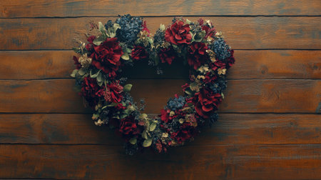A beautiful heart-shaped floral wreath featuring rich red and blue flowers on a rustic wooden background, perfect for seasonal decoration and events.の素材