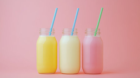 Three jars of colorful smoothies in yellow, white, and pink on a soft pink background. Perfect for showcasing healthy and refreshing drink options.の素材