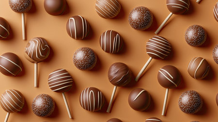 A delightful arrangement of chocolate treats on a warm orange background, showcasing round confections with various designs and textures, perfect for a festive occasion or sweet indulgence.の素材