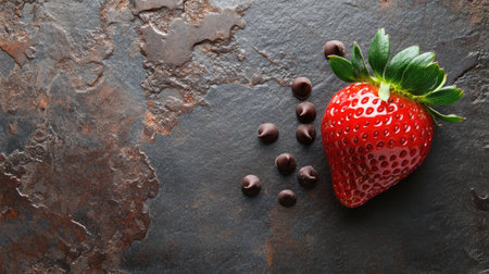 A vibrant fresh strawberry placed next to chocolate chips on a rustic surface. This image captures a delicious treat perfect for dessert or healthy snacks.の素材