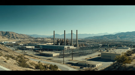 A panoramic view of an industrial power plant surrounded by mountains, showcasing the infrastructure of energy production against a clear sky.の素材