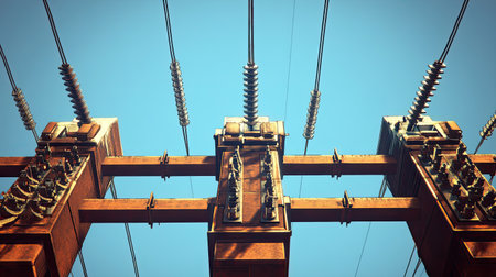 A close-up view of power lines and transmission components against a clear blue sky, showcasing modern electricity infrastructure and engineering design.の素材