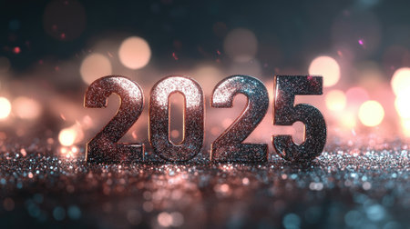 A shimmering representation of the year 2025, featuring sparkling numbers against a festive background. Perfect for New Year celebrations and greetings.の素材