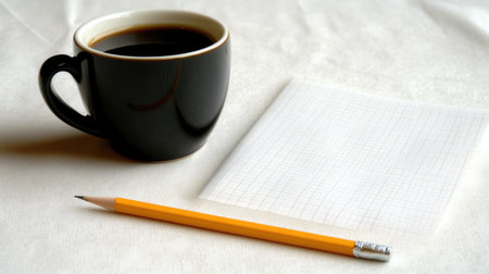 A black coffee cup sits next to a pencil and a blank grid paper on a clean table. This composition evokes a sense of calm and focus, ideal for creative work.の素材