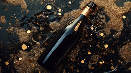 An elegant champagne bottle lies on a shimmering surface adorned with gold confetti and bubbles, creating a festive and luxurious atmosphere perfect for celebrations.の素材