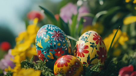 Brightly painted Easter eggs nestled among colorful flowers create a joyful spring scene. Perfect for celebrating seasonal festivities and holiday warmth.の素材