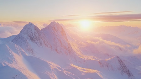 A breathtaking view of a majestic mountain range bathed in the warm hues of sunrise, showcasing snowy peaks and a serene atmosphere that invites exploration.の素材