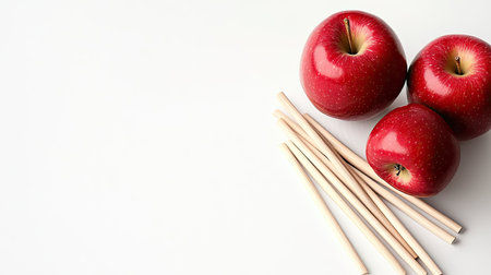 Bright red apples arranged with wooden sticks on a clean white surface, symbolizing freshness and healthy snacking for culinary uses.の素材