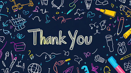This vibrant thank you note features whimsical doodles and bright colors, perfect for expressing gratitude in a playful and creative way. Ideal for personal or professional use.の素材