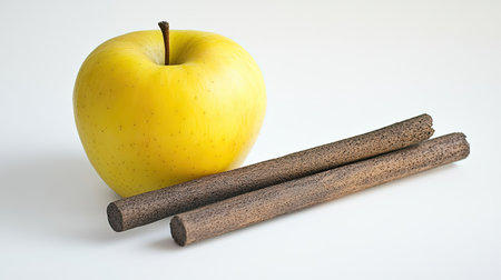 A vibrant yellow apple placed beside rustic wooden sticks, creating a harmonious still life composition that brings together natural elements and textures.の素材