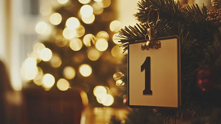 A close-up view of a calendar marked with the number one, symbolizing the countdown to Christmas, illuminated by soft festive lights and surrounded by a beautiful Christmas tree.の素材