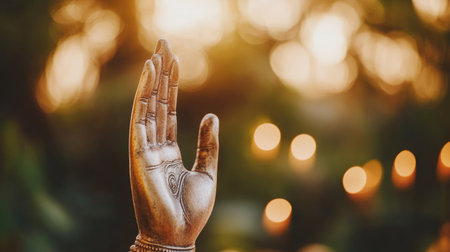 A detailed bronze hand sculpture symbolizes peace and spirituality, set against a softly blurred background of warm lights, ideal for themes of mindfulness and tranquility.の素材