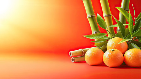 A vibrant arrangement of fresh oranges and bamboo against a warm background, symbolizing freshness and health. Perfect for food-themed projects.の素材