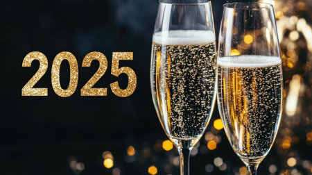 Celebrate the arrival of 2025 with sparkling drinks in elegant glasses. Capture the joy and festive atmosphere of New Year's Eve parties.の素材