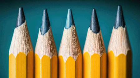 A vibrant arrangement of yellow pencils lined up against a blue background, showcasing their sharpened tips and smooth textures, perfect for artistic creations.の素材