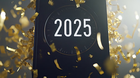 Celebrate the arrival of 2025 with a vibrant countdown scene featuring a phone display and golden confetti, capturing the essence of joy and excitement.の素材