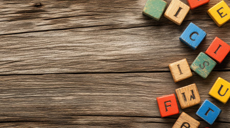 A vibrant array of colorful wooden blocks arranged on a rustic wooden surface, perfect for themes of education, creativity, and childhood fun.の素材