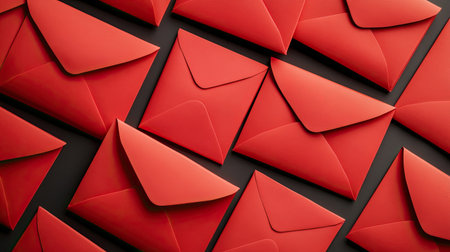 A visually striking arrangement of bright red envelopes on a dark surface, perfect for themes related to communication, creativity, and celebration.の素材