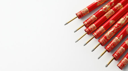 A collection of elegant red paintbrushes with golden patterns arranged neatly on a white background, ideal for art, design, and cultural projects.の素材