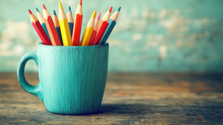 A collection of vibrant colored pencils is arranged in a teal mug, sitting on a rustic wooden table. This colorful scene inspires creativity and artistry.の素材
