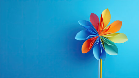 A vibrant paper flower in vivid colors stands against a bright blue background, showcasing creativity and artistry. Perfect for decoration and craft themes.の素材