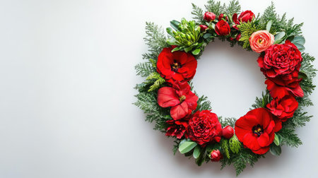 Beautiful red floral wreath featuring vibrant blooms and lush greenery, perfect for seasonal decoration or celebration, adding elegance to any space.の素材