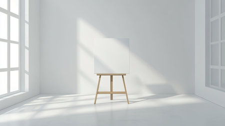 Bright and minimalistic studio featuring a blank canvas on an easel. Natural light floods the space, offering a perfect environment for creativity and inspiration.の素材