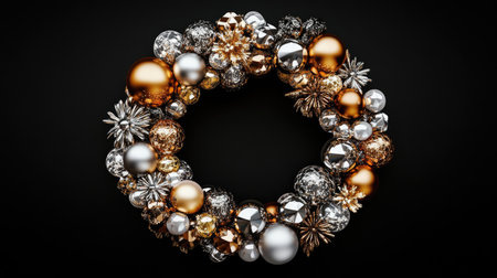 A stunning Christmas wreath featuring an array of shiny ornaments in gold and silver. This decorative piece adds a festive touch to any holiday setting.の素材