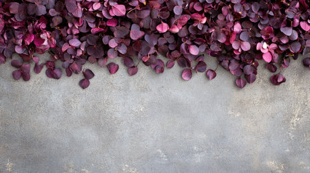 A stunning arrangement of vibrant purple leaves on a textured gray background, creating a peaceful and elegant atmosphere for various design projects.の素材