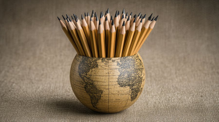 A unique arrangement of pencils in a globe-shaped container, symbolizing creativity and education. Perfect for showcasing academic themes and artistic concepts.の素材