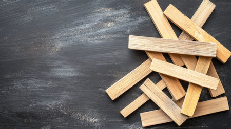 A collection of wooden blocks neatly stacked on a dark surface, suitable for various creative projects, crafts, or educational activities. Perfect for design purposes.の素材