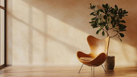 A stylish modern chair sits in a bright, minimalist room, complemented by a vibrant plant. The warm sunlight casts soft shadows, creating a tranquil atmosphere.の素材