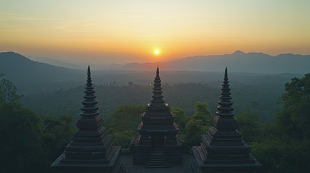 A stunning view of ancient temples silhouetted against a vibrant sunset, surrounded by lush hills and valleys. Ideal for showcasing tranquility and culture.の素材