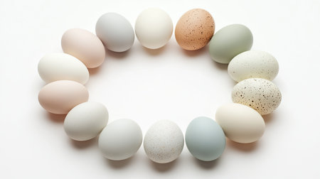 A beautifully arranged circle of pastel colored eggs on a clean white background, ideal for spring themes, holiday decorations, or minimalist design.の素材