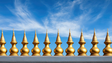 This stunning image features golden spires arranged in a row against a vibrant blue sky, showcasing exquisite craftsmanship and architectural beauty.の素材