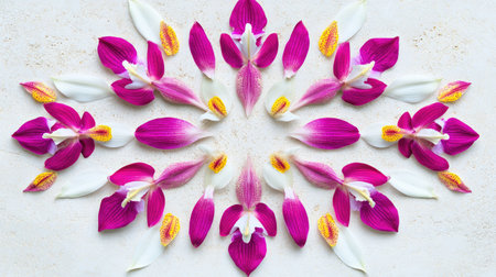 A stunning floral mandala design featuring vibrant pink and white petals arranged in an intricate pattern, perfect for decoration or art projects.の素材