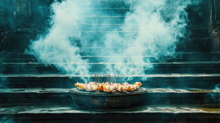 A peaceful scene featuring lotus flowers and incense on temple steps, surrounded by fragrant smoke, evoking tranquility and spirituality in worship.の素材