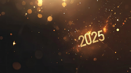 A stunning visual of the year 2025 with golden sparkles and shimmering lights, perfect for New Year celebrations and festive greetings.の素材