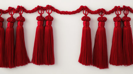 Vibrant red tassels hang elegantly, perfect for decorating homes or events. These stylish accessories add a touch of luxury and tradition to any space.の素材