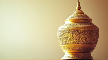 This ornate gold decorative jar features intricate patterns, making it a stunning addition to home decor. It showcases luxury and craftsmanship beautifully.の素材