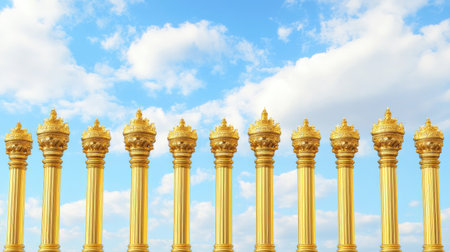 A stunning arrangement of golden pillars reaching toward a bright blue sky adorned with fluffy clouds, ideal for illustrating grandeur and elegance in architectural design.の素材