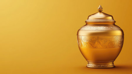A stunning golden urn featuring intricate designs against a vibrant yellow background, perfect for decoration and enhancing any elegant space.の素材